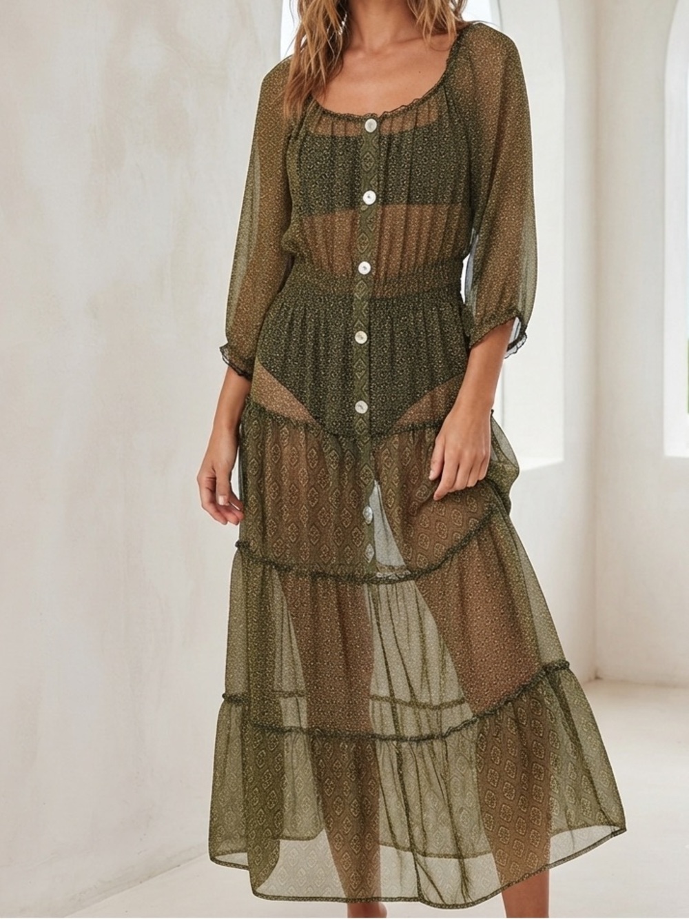 Sheer Swim Coverup Olive Green Button-Front Maxi Dress Plus Size 2X XXL